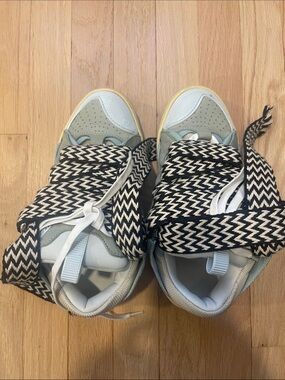 Lanvin Chunky Sneakers with Zigzag Laces in Light Blue and White